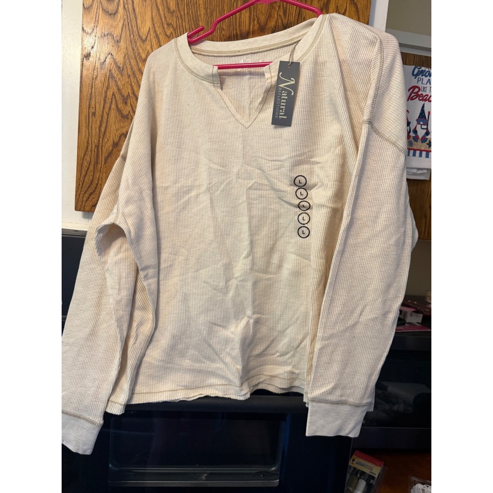 Natural Reflections Womens Large Cream Waffle Knit Thermal V-Neck Top NWT